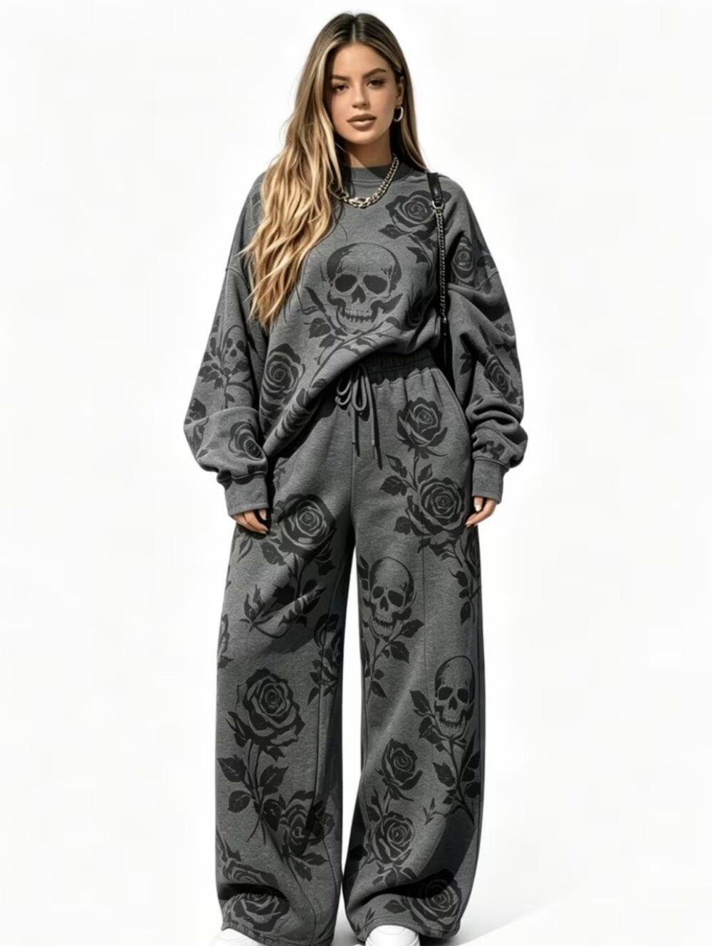 Skull & Rose Print Black Gray Lounge Sweatpants And Sweatshirt Women's Wide Leg